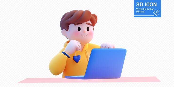 Vettore un'illustrazione vettoriale 3d vibrante di un personaggio sorridente seduto a una scrivania che lavora su un portatile blu perfetto per i concetti relativi al lavoro a distanza e all'apprendimento online