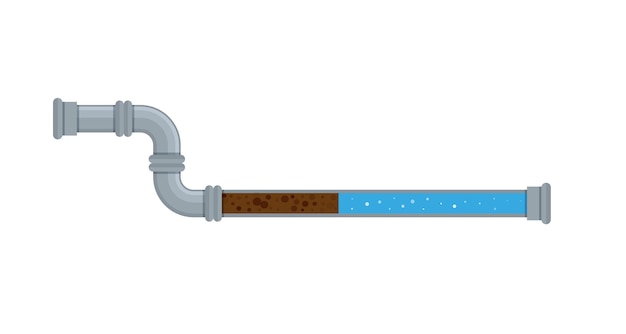 Un'illustrazione vettoriale con tubo intasato e spazzatura all'interno isolato su uno sfondo bianco Il tubo sezionale è bloccato dai fanghi d'acqua Un'illustrazione piatta come concetto di problemi idraulici