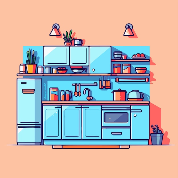 Un'illustrazione vettoriale di una cucina con una cucina blu.