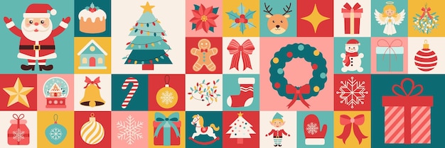Un'immagine colorata a tema natalizio con Babbo Natale e un albero di Natale