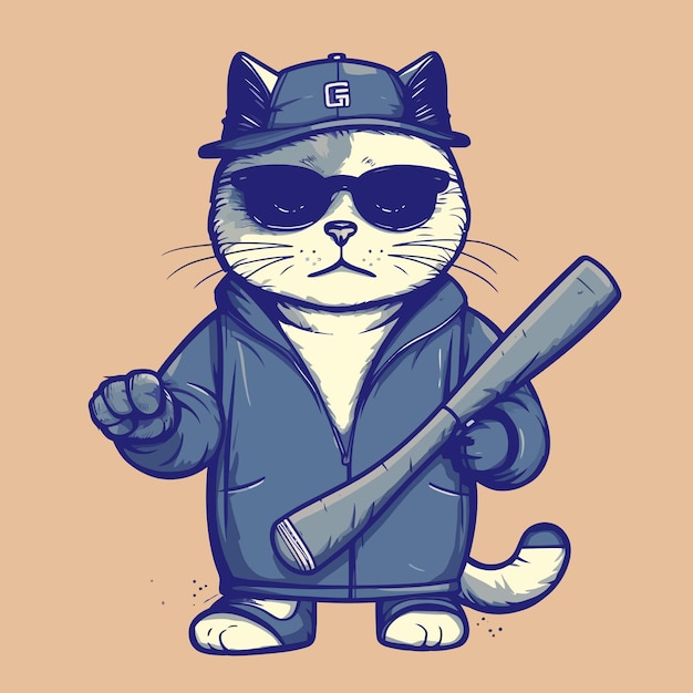 Un'immagine del fumetto di un gatto che indossa un concetto di carattere animale illustrazione vettoriale cappello e occhiali da sole