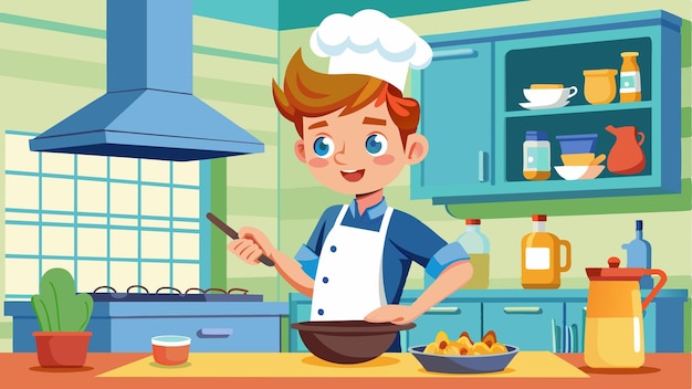 un'immagine di cartone animato di un ragazzo che cucina in una cucina con una padella di cibo