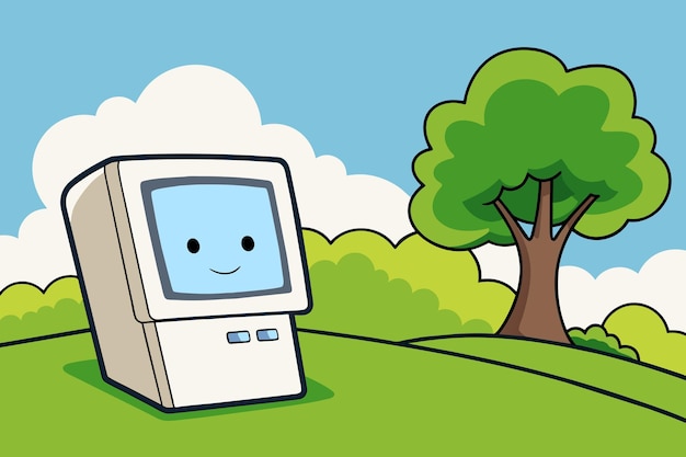 un'immagine di cartone animato di un robot in un campo con alberi e un cielo blu