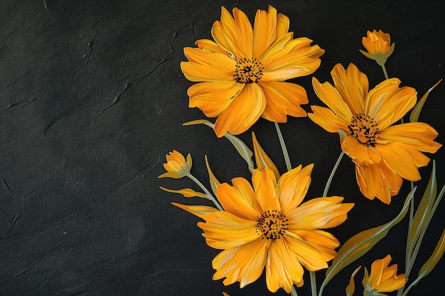 Un'immagine di fiori gialli su carta nera nello stile della pittura a mano libera marrone chiaro e verde d