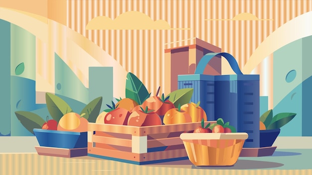 un'immagine di un cesto di frutta con un cesso di frutta sullo sfondo