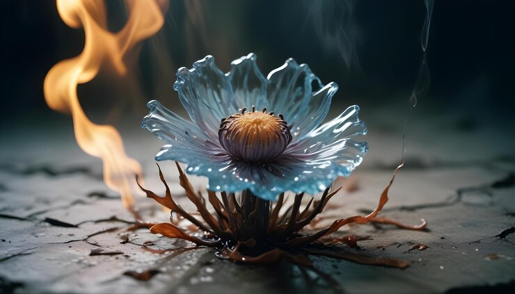 Vettore un'immagine di un delicato fiore blu con un centro dorato circondato da fiamme e fumo il fiore sembra crescere da una superficie secca rotta creando un contrasto drammatico e simbolico