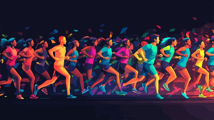 Vettore un'immagine di un gruppo di persone che corrono in abiti colorati