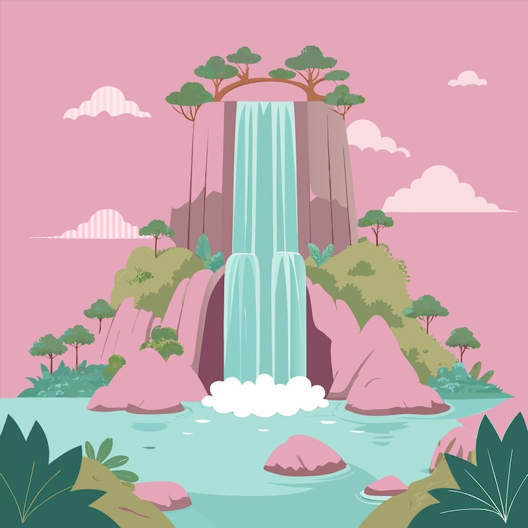 Vettore un'immagine di una cascata con uno sfondo rosa con un albero su di essa