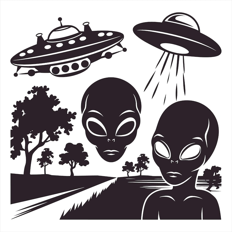 Vettore un'immagine in bianco e nero di un alieno e un alieno