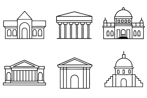un'immagine in bianco e nero di un edificio con colonne e archi