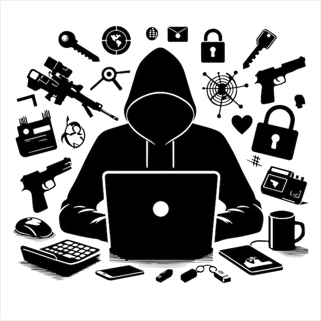 un'immagine in bianco e nero di un uomo che lavora su un laptop con un mucchio di chiavi e un portachiavi