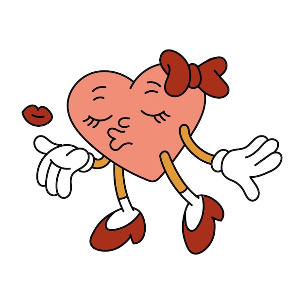 Un'immagine isolata di un cuore retro che soffia un bacio un personaggio femminile a forma di cuore
