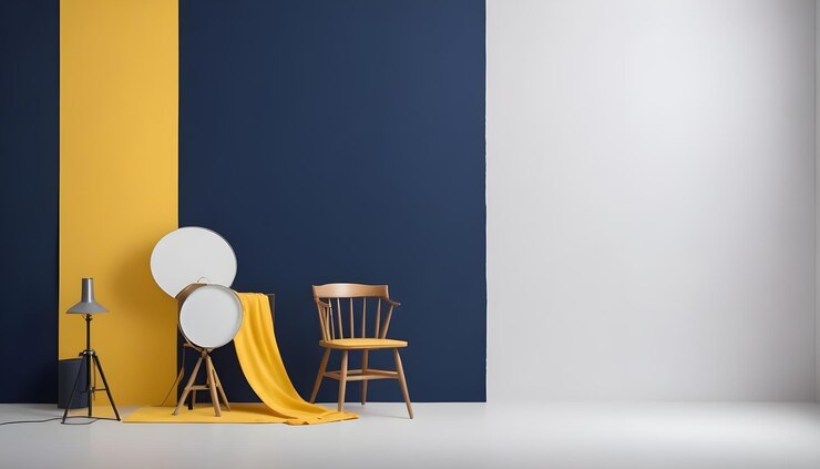 Vettore un'immagine minimalista di una parete gialla e una parete bianca con una sedia di legno una lampada un treppiede e un tessuto che rappresenta un studio o una sessione fotografica