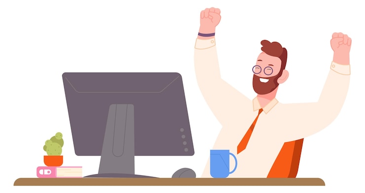 Vettore un impiegato felice sul posto di lavoro il concetto di successo