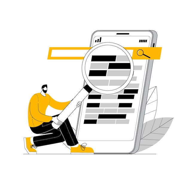 Un ingegnere SEO utilizza una lente d'ingrandimento per visualizzare e analizzare i risultati di ricerca del sito su uno smartphone