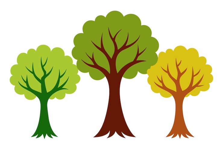 Vettore un insieme di alberi con colori diversi e le parole alberi