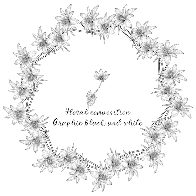 Un insieme di composizioni floreali grafiche con fiori delicati in bianco e nero