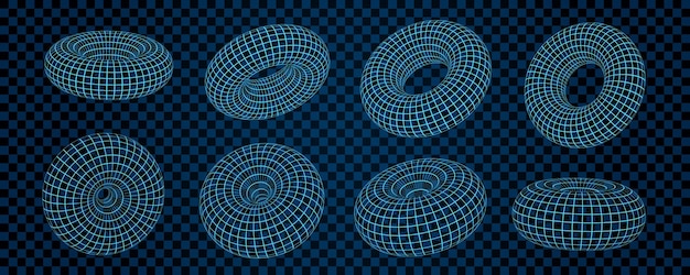 Un insieme di d wireframe mesh torus posizionati su uno sfondo a scacchi la geometria astratta