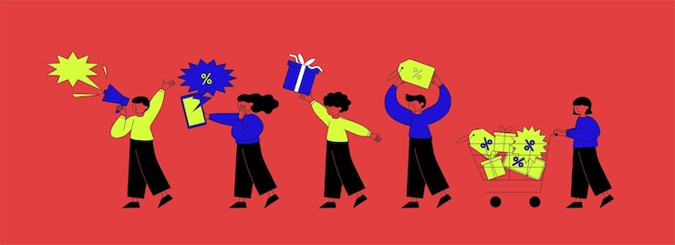 Vettore un insieme di disegni di personaggi nella promozione del giorno della vendita che festeggia e celebra l'acquisto di regali in vendita