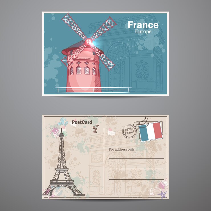 Un insieme di due lati di una cartolina sul tema di Parigi