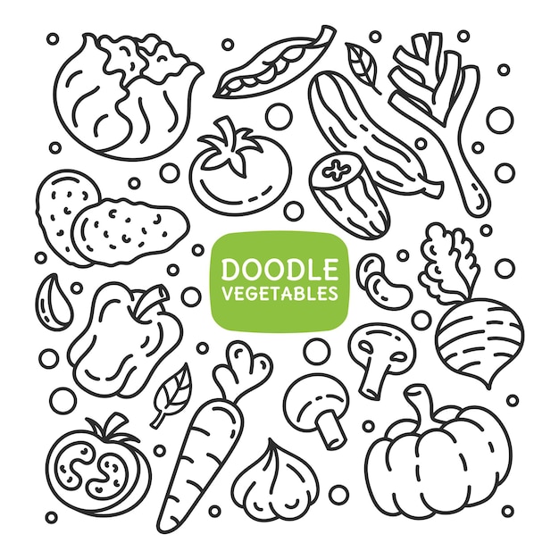Un insieme di elementi di doodle con foglie di verdure