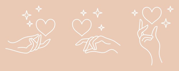 Un insieme di elementi loghi con mani cuore e stelle in stile boho