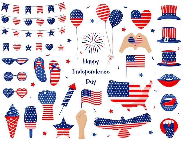 Un insieme di elementi per celebrare il Giorno dell'Indipendenza degli Stati Uniti Simboli patriottici nei colori della bandiera americana 4 luglio Per biglietto di auguri t shirt stampa web design Illustrazione vettoriale su bianco