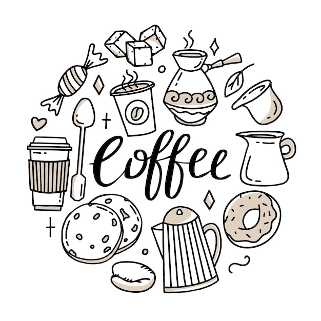 Un insieme di elementi per una caffetteria Da utilizzare per poster, striscioni, cartoline e packaging design