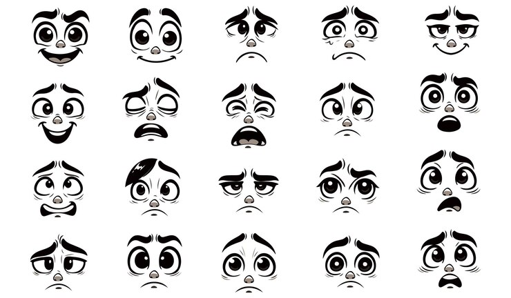 Un insieme di espressioni vettoriali di facce di cartoni animati Differenti emozioni e posture Illustrazione vettoriale