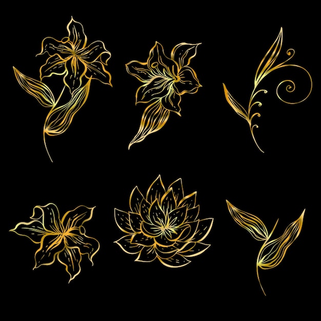 Un insieme di fiori lineari per la decorazione in colore oro.