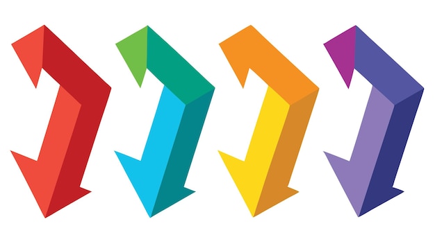 Un insieme di frecce colorate vibranti a destra a sinistra su giù in illustrazione vettoriale astratto geometrico piatto