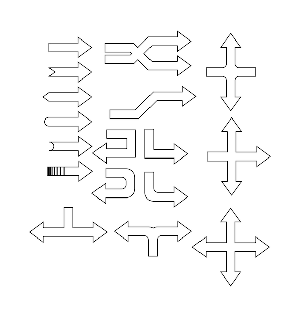 Un insieme di frecce di contorno di diversi tipi e direzioni