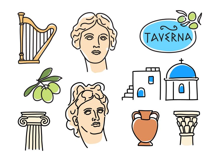 Un insieme di immagini vettoriali sul tema della Grecia in uno stile lineare. Icone vettoriali in stile doodle.