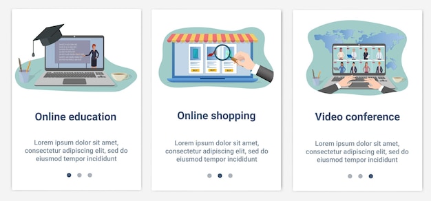 Un insieme di interfacce UI e UX Formazione online Acquisti online e videoconferenza