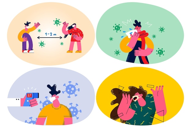 Un insieme di persone in maschera protettiva da covid-19 adotta misure contro la pandemia. Uomini e donne con maschere facciali combattono con il virus corona, mantengono la distanza sociale. Coronavirus. Illustrazione vettoriale.