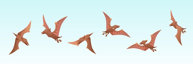 Un insieme di pterodattili vettoriali in marrone sei animali giurassici in diverse pose in volovettore cartoo