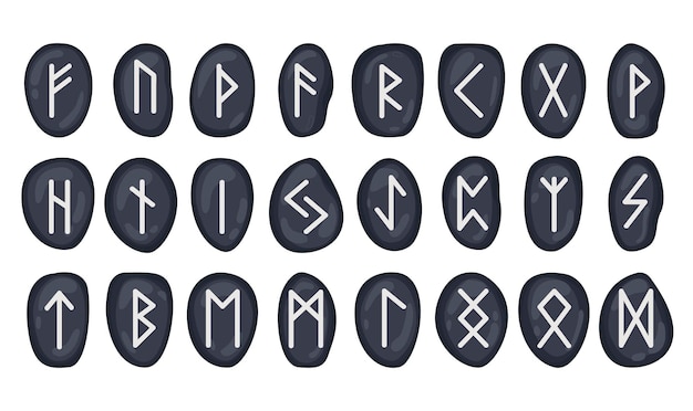 Un insieme di rune su pietre nere Futhark simboli magici occulti mistici esoterici