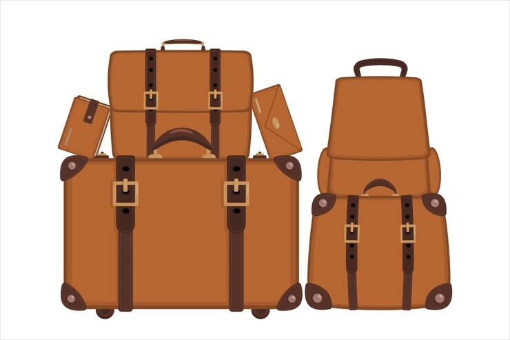 Un insieme di viaggio in pelle marrone valigetta borsa valigetta e portafoglio Immagine vettoriale