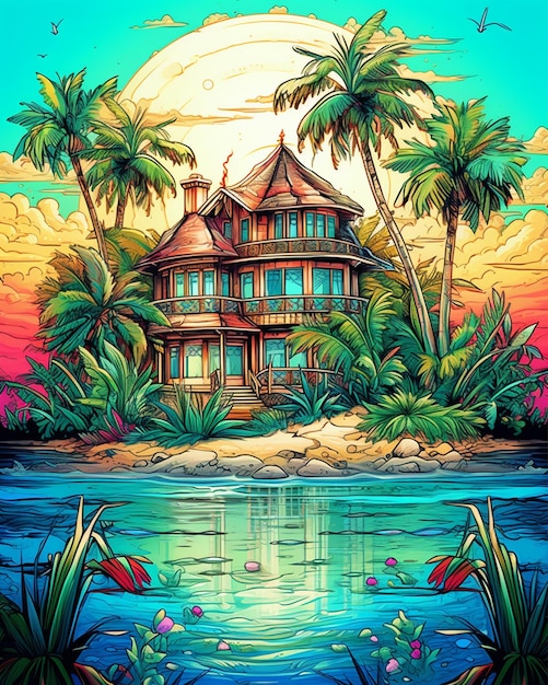 Un'isola con una casa e delle palme