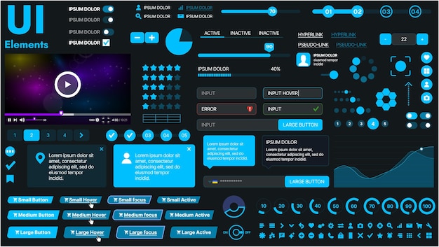 Un kit di UI moderno con una collezione di pulsanti, icone, menu di navigazione e design reattivo