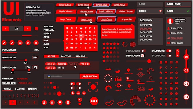 Un kit di UI moderno con una collezione di pulsanti, icone, menu di navigazione e design reattivo
