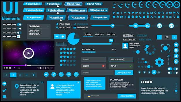 Un kit di UI moderno con una collezione di pulsanti, icone, menu di navigazione e design reattivo