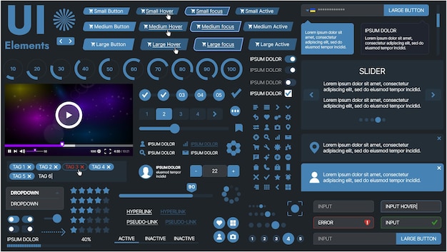 Un kit di UI moderno con una collezione di pulsanti, icone, menu di navigazione e design reattivo