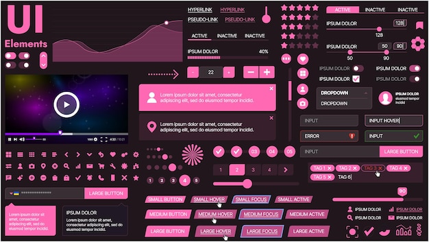 Un kit di UI moderno con una collezione di pulsanti, icone, menu di navigazione e design reattivo