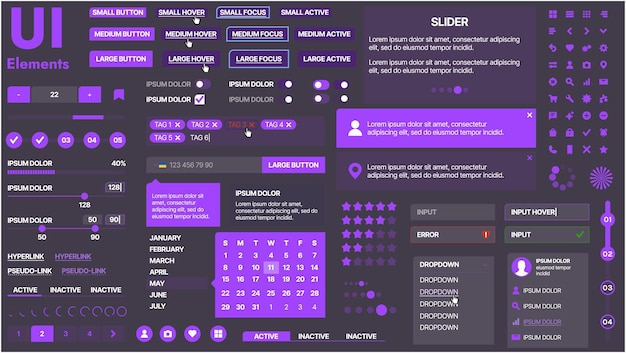 Un kit di UI moderno con una collezione di pulsanti, icone, menu di navigazione e elementi di design reattivo Include moduli di accesso, lettori multimediali, barre di ricerca e calendari ideali per applicazioni e siti web