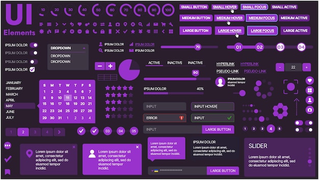 Un kit di UI moderno con una collezione di pulsanti, icone, menu di navigazione e elementi di design reattivo Include moduli di accesso, lettori multimediali, barre di ricerca e calendari ideali per applicazioni e siti web