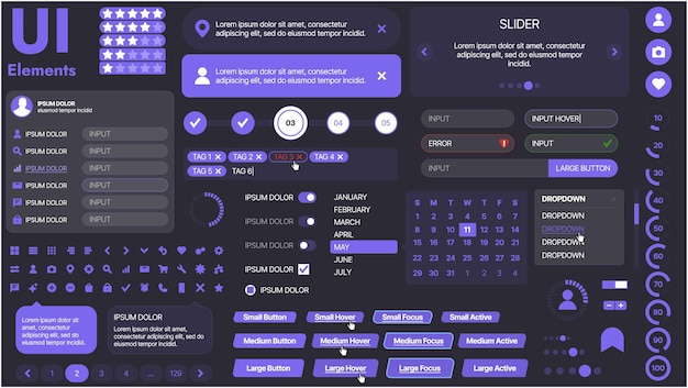 Un kit di UI moderno con una collezione di pulsanti, icone, menu di navigazione e elementi di design reattivo Include moduli di accesso, lettori multimediali, barre di ricerca e calendari ideali per applicazioni e siti web