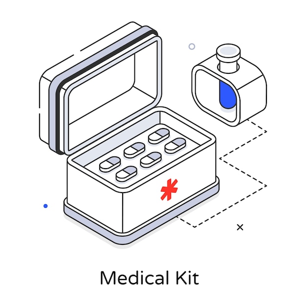 Un kit medico è mostrato in una scatola bianca con un contenitore blu e una bottiglia di profumo.