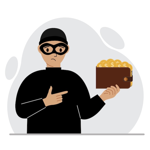 Un ladro in una maschera nera con una borsa di monete con un segno di dollaro Attacco informatico phishing mobile frode hacker furto furto vettoriale illustrazione piatta