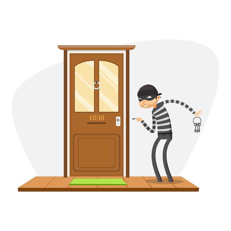 Vettore un ladro sta cercando di aprire la porta. illustrazione vettoriale isolato